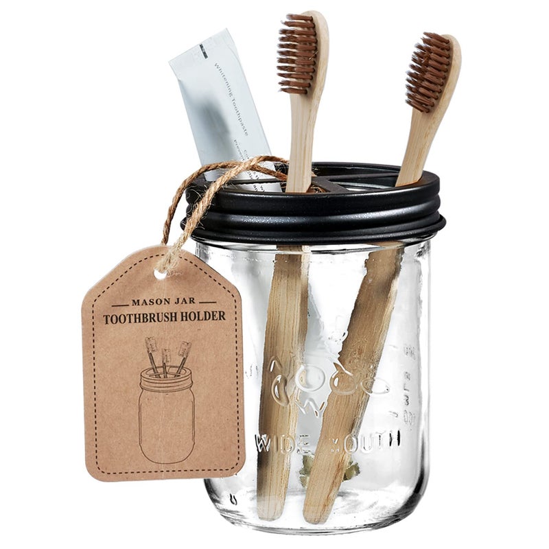 Amolliar Mason Jar Toothbrush Holder - Rustproof Stainless Steel - Holds 2 Toothbrushes and Toothpaste,with Chalkboard Labels - Farmhouse DÃ©cor Bathroom Countertop and Vanity Storage Organizer,Black - Image 1